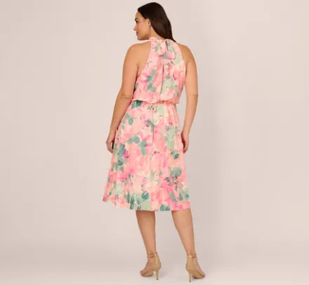 Adrianna Papell Wedding Guest Dresses|Day Dresses*Plus Size Floral Print Chiffon Halter Dress With Mock Neck In Blush Multi