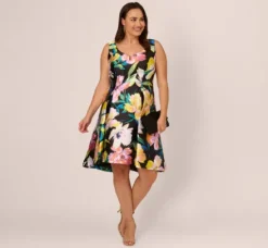 Adrianna Papell Wedding Guest Dresses|Day Dresses*Plus Size Floral Print Mikado Sleeveless Dress With High Low Skirt In Black Multi