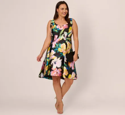 Adrianna Papell Wedding Guest Dresses|Day Dresses*Plus Size Floral Print Mikado Sleeveless Dress With High Low Skirt In Black Multi