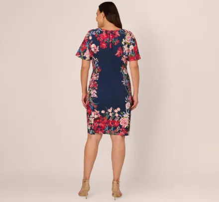 Adrianna Papell Wedding Guest Dresses|Day Dresses*Plus Size Floral Print Twill Sheath Dress With Flutter Short Sleeves In Navy Multi