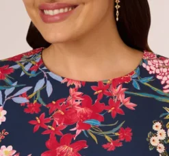 Adrianna Papell Wedding Guest Dresses|Day Dresses*Plus Size Floral Print Twill Sheath Dress With Flutter Short Sleeves In Navy Multi