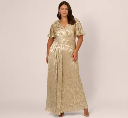 Adrianna Papell Wedding Guest Dresses|Formal Dresses*Plus Size Foil Leaf Short Sleeve Gown With Draped Details In Champagne Gold