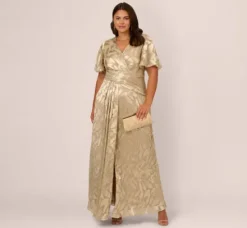 Adrianna Papell Wedding Guest Dresses|Formal Dresses*Plus Size Foil Leaf Short Sleeve Gown With Draped Details In Champagne Gold