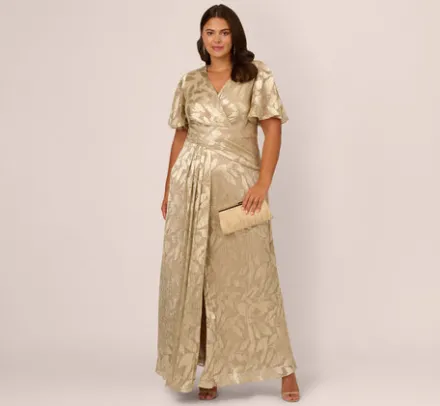 Adrianna Papell Wedding Guest Dresses|Formal Dresses*Plus Size Foil Leaf Short Sleeve Gown With Draped Details In Champagne Gold