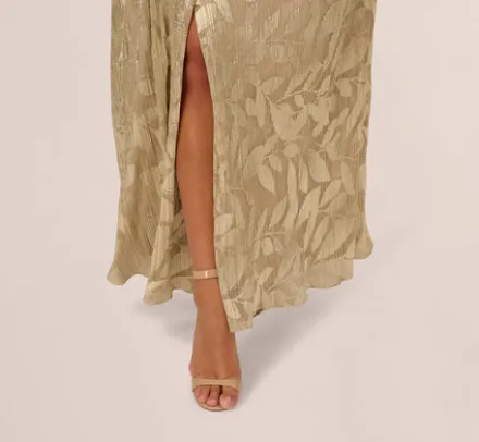 Adrianna Papell Wedding Guest Dresses|Formal Dresses*Plus Size Foil Leaf Short Sleeve Gown With Draped Details In Champagne Gold