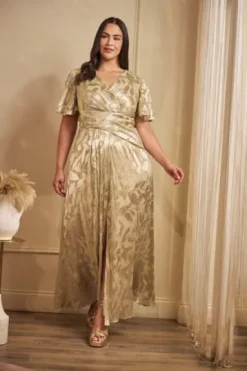 Adrianna Papell Wedding Guest Dresses|Formal Dresses*Plus Size Foil Leaf Short Sleeve Gown With Draped Details In Champagne Gold