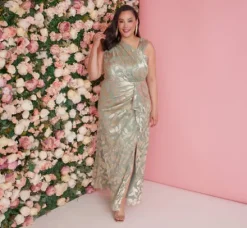 Adrianna Papell Wedding Guest Dresses|Formal Dresses*Plus Size Foil Printed Asymmetric Gown With Ruffled Detail In Sage Gold