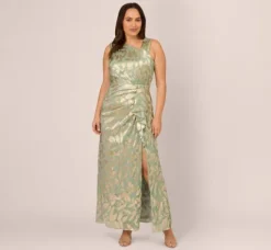 Adrianna Papell Wedding Guest Dresses|Formal Dresses*Plus Size Foil Printed Asymmetric Gown With Ruffled Detail In Sage Gold