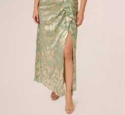 Adrianna Papell Wedding Guest Dresses|Formal Dresses*Plus Size Foil Printed Asymmetric Gown With Ruffled Detail In Sage Gold