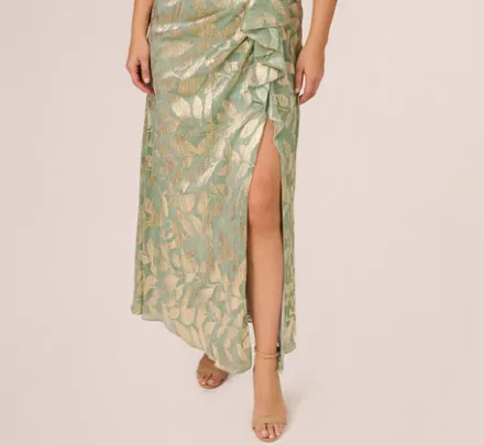 Adrianna Papell Wedding Guest Dresses|Formal Dresses*Plus Size Foil Printed Asymmetric Gown With Ruffled Detail In Sage Gold
