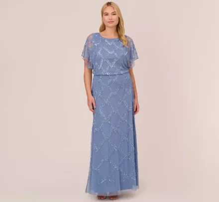 Adrianna Papell Wedding Guest Dresses|Formal Dresses*Plus Size Hand-Beaded Blouson Long Gown With Flutter Sleeves In French Blue