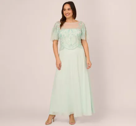 Adrianna Papell Wedding Guest Dresses|Formal Dresses*Plus Size Hand-Beaded Illusion Long Gown With Flutter Sleeves In Mint Glass