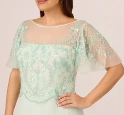 Adrianna Papell Wedding Guest Dresses|Formal Dresses*Plus Size Hand-Beaded Illusion Long Gown With Flutter Sleeves In Mint Glass
