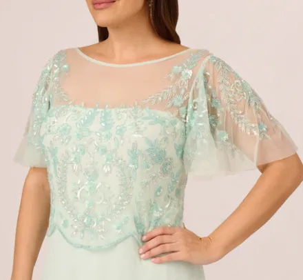 Adrianna Papell Wedding Guest Dresses|Formal Dresses*Plus Size Hand-Beaded Illusion Long Gown With Flutter Sleeves In Mint Glass