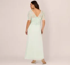 Adrianna Papell Wedding Guest Dresses|Formal Dresses*Plus Size Hand-Beaded Illusion Long Gown With Flutter Sleeves In Mint Glass