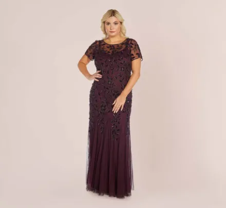 Adrianna Papell Wedding Guest Dresses|Formal Dresses*Plus Size Hand Beaded Short Sleeve Floral Godet Gown In Night Plum