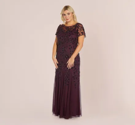 Adrianna Papell Wedding Guest Dresses|Formal Dresses*Plus Size Hand Beaded Short Sleeve Floral Godet Gown In Night Plum