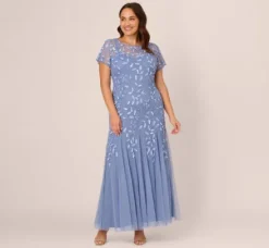 Adrianna Papell Wedding Guest Dresses|Formal Dresses*Plus Size Hand Beaded Short Sleeve Floral Godet Gown In French Blue