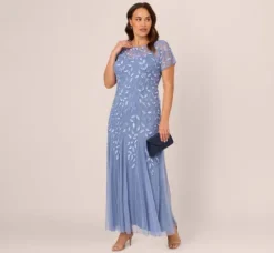 Adrianna Papell Wedding Guest Dresses|Formal Dresses*Plus Size Hand Beaded Short Sleeve Floral Godet Gown In French Blue