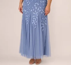 Adrianna Papell Wedding Guest Dresses|Formal Dresses*Plus Size Hand Beaded Short Sleeve Floral Godet Gown In French Blue