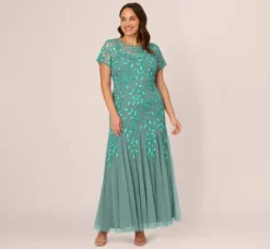 Adrianna Papell Wedding Guest Dresses|Formal Dresses*Plus Size Hand Beaded Short Sleeve Floral Godet Gown In Green Slate