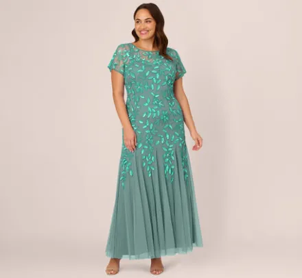 Adrianna Papell Wedding Guest Dresses|Formal Dresses*Plus Size Hand Beaded Short Sleeve Floral Godet Gown In Green Slate