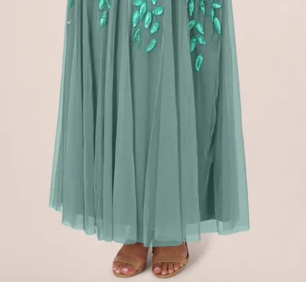 Adrianna Papell Wedding Guest Dresses|Formal Dresses*Plus Size Hand Beaded Short Sleeve Floral Godet Gown In Green Slate