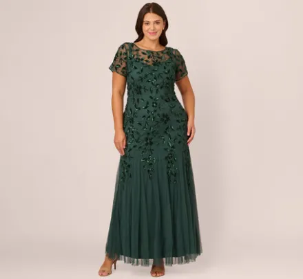 Adrianna Papell Wedding Guest Dresses|Formal Dresses*Plus Size Hand Beaded Short Sleeve Floral Godet Gown In Dusty Emerald
