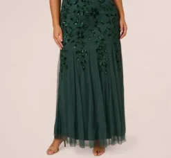 Adrianna Papell Wedding Guest Dresses|Formal Dresses*Plus Size Hand Beaded Short Sleeve Floral Godet Gown In Dusty Emerald