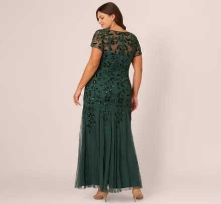 Adrianna Papell Wedding Guest Dresses|Formal Dresses*Plus Size Hand Beaded Short Sleeve Floral Godet Gown In Dusty Emerald