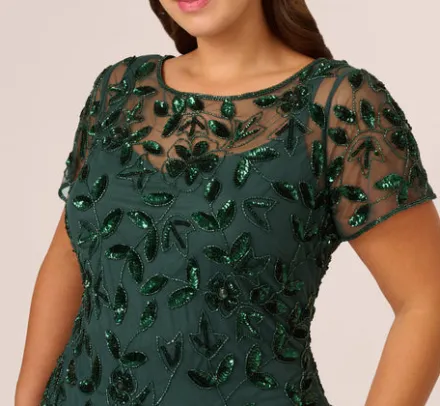 Adrianna Papell Wedding Guest Dresses|Formal Dresses*Plus Size Hand Beaded Short Sleeve Floral Godet Gown In Dusty Emerald