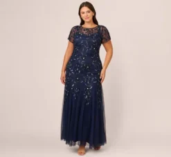 Adrianna Papell Wedding Guest Dresses|Formal Dresses*Plus Size Hand Beaded Short Sleeve Floral Godet Gown In Light Navy
