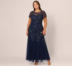 Adrianna Papell Wedding Guest Dresses|Formal Dresses*Plus Size Hand Beaded Short Sleeve Floral Godet Gown In Light Navy