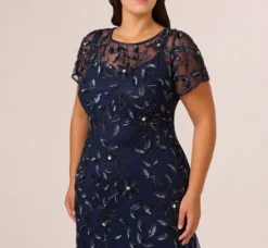Adrianna Papell Wedding Guest Dresses|Formal Dresses*Plus Size Hand Beaded Short Sleeve Floral Godet Gown In Light Navy