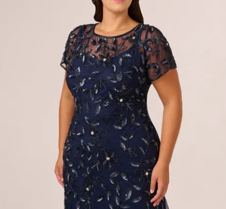 Adrianna Papell Wedding Guest Dresses|Formal Dresses*Plus Size Hand Beaded Short Sleeve Floral Godet Gown In Light Navy