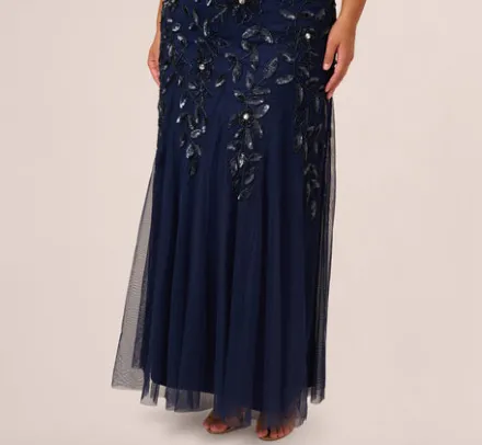 Adrianna Papell Wedding Guest Dresses|Formal Dresses*Plus Size Hand Beaded Short Sleeve Floral Godet Gown In Light Navy