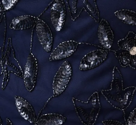 Adrianna Papell Wedding Guest Dresses|Formal Dresses*Plus Size Hand Beaded Short Sleeve Floral Godet Gown In Light Navy