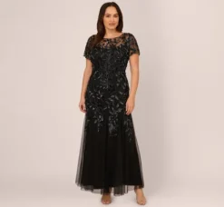Adrianna Papell Wedding Guest Dresses|Formal Dresses*Plus Size Hand Beaded Short Sleeve Floral Godet Gown In Black Gunmetal