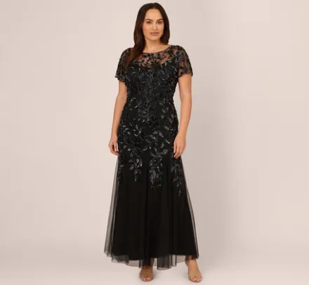 Adrianna Papell Wedding Guest Dresses|Formal Dresses*Plus Size Hand Beaded Short Sleeve Floral Godet Gown In Black Gunmetal