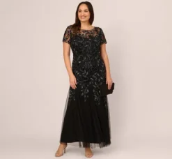 Adrianna Papell Wedding Guest Dresses|Formal Dresses*Plus Size Hand Beaded Short Sleeve Floral Godet Gown In Black Gunmetal