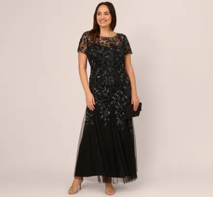 Adrianna Papell Wedding Guest Dresses|Formal Dresses*Plus Size Hand Beaded Short Sleeve Floral Godet Gown In Black Gunmetal