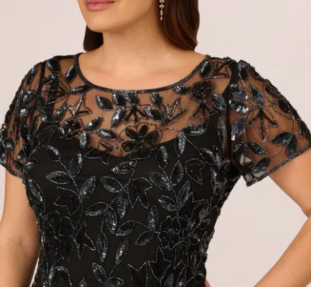 Adrianna Papell Wedding Guest Dresses|Formal Dresses*Plus Size Hand Beaded Short Sleeve Floral Godet Gown In Black Gunmetal