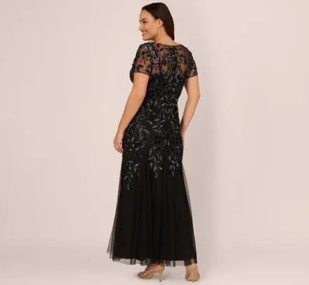 Adrianna Papell Wedding Guest Dresses|Formal Dresses*Plus Size Hand Beaded Short Sleeve Floral Godet Gown In Black Gunmetal