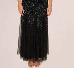Adrianna Papell Wedding Guest Dresses|Formal Dresses*Plus Size Hand Beaded Short Sleeve Floral Godet Gown In Black Gunmetal