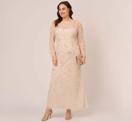Adrianna Papell Wedding Guest Dresses|Formal Dresses*Plus Size Illusion Floral Beaded Gown With Sheer Long Sleeves In