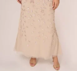 Adrianna Papell Wedding Guest Dresses|Formal Dresses*Plus Size Illusion Floral Beaded Gown With Sheer Long Sleeves In