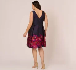 Adrianna Papell Wedding Guest Dresses|Day Dresses*Plus Size Jacquard Midi Dress With Metallic Floral Trim In Navy Pink Multi