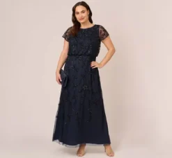 Adrianna Papell Wedding Guest Dresses|Formal Dresses*Plus Size Jasmine Beaded Blouson Gown With Sheer Short Sleeves In Navy Black