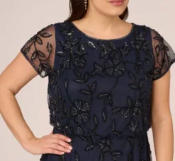 Adrianna Papell Wedding Guest Dresses|Formal Dresses*Plus Size Jasmine Beaded Blouson Gown With Sheer Short Sleeves In Navy Black