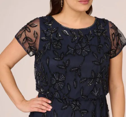 Adrianna Papell Wedding Guest Dresses|Formal Dresses*Plus Size Jasmine Beaded Blouson Gown With Sheer Short Sleeves In Navy Black
